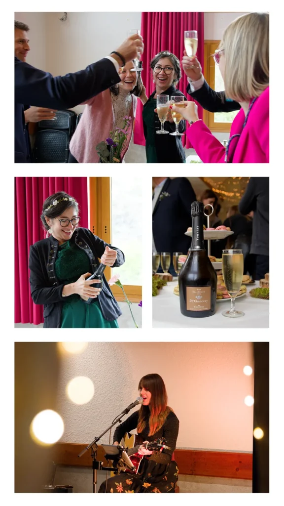 Détails, photos candides pendant le vin d'honneur d'un mariage en montagne dans l'Oisans