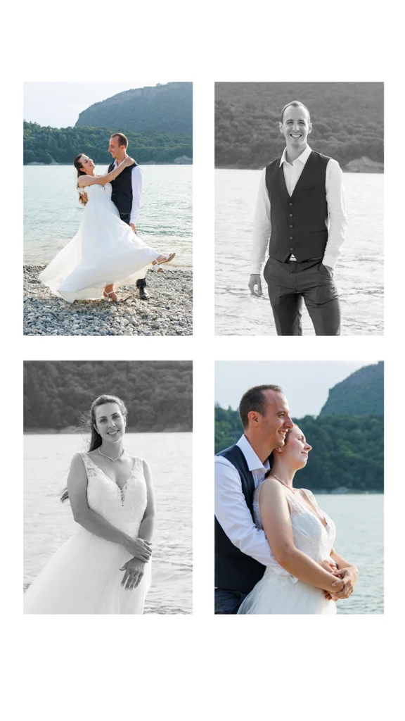 Séance couple mariage La Mira contrejour lac