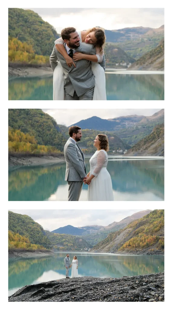 Marié portant la mariée sur son dos au bord du lac du Chambon en automne