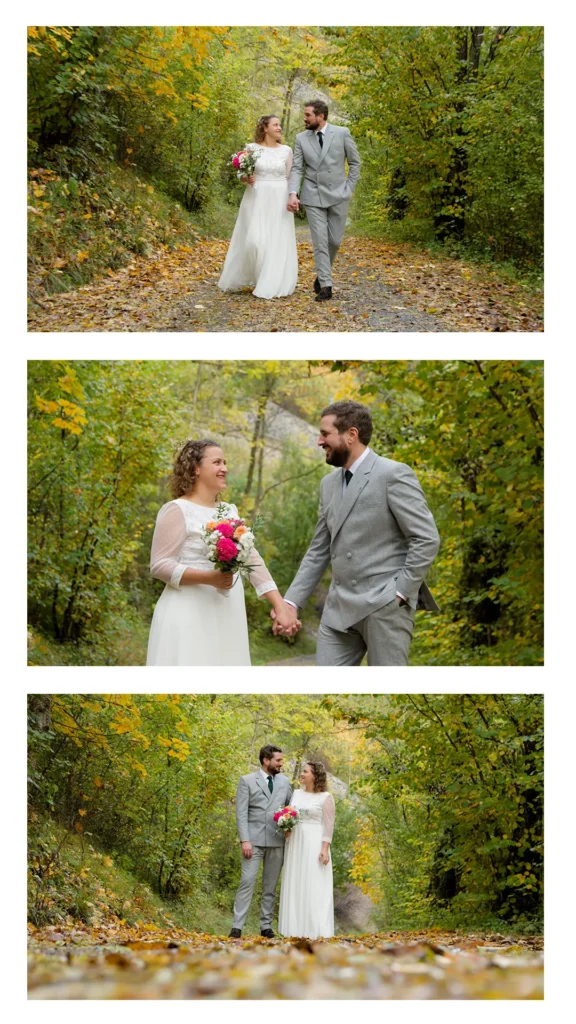 Portrait de couple de mariés dans une forêt aux couleurs d'automne, Oisans