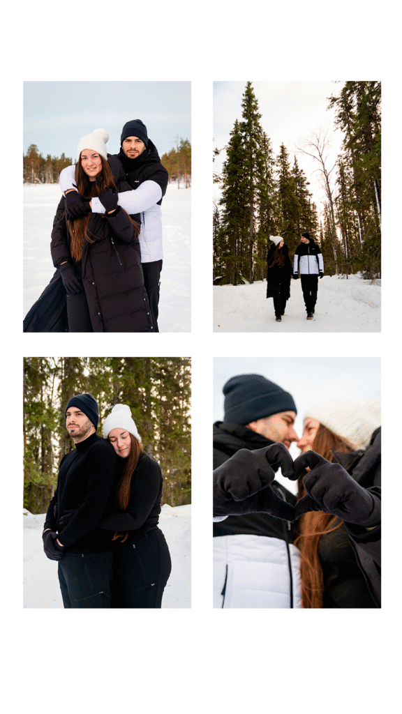 Couple enlacé dans la neige lors de leur séance couple en Laponie.