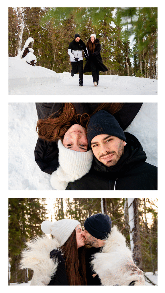 Regards complices du couple pendant leur séance couple dans la neige