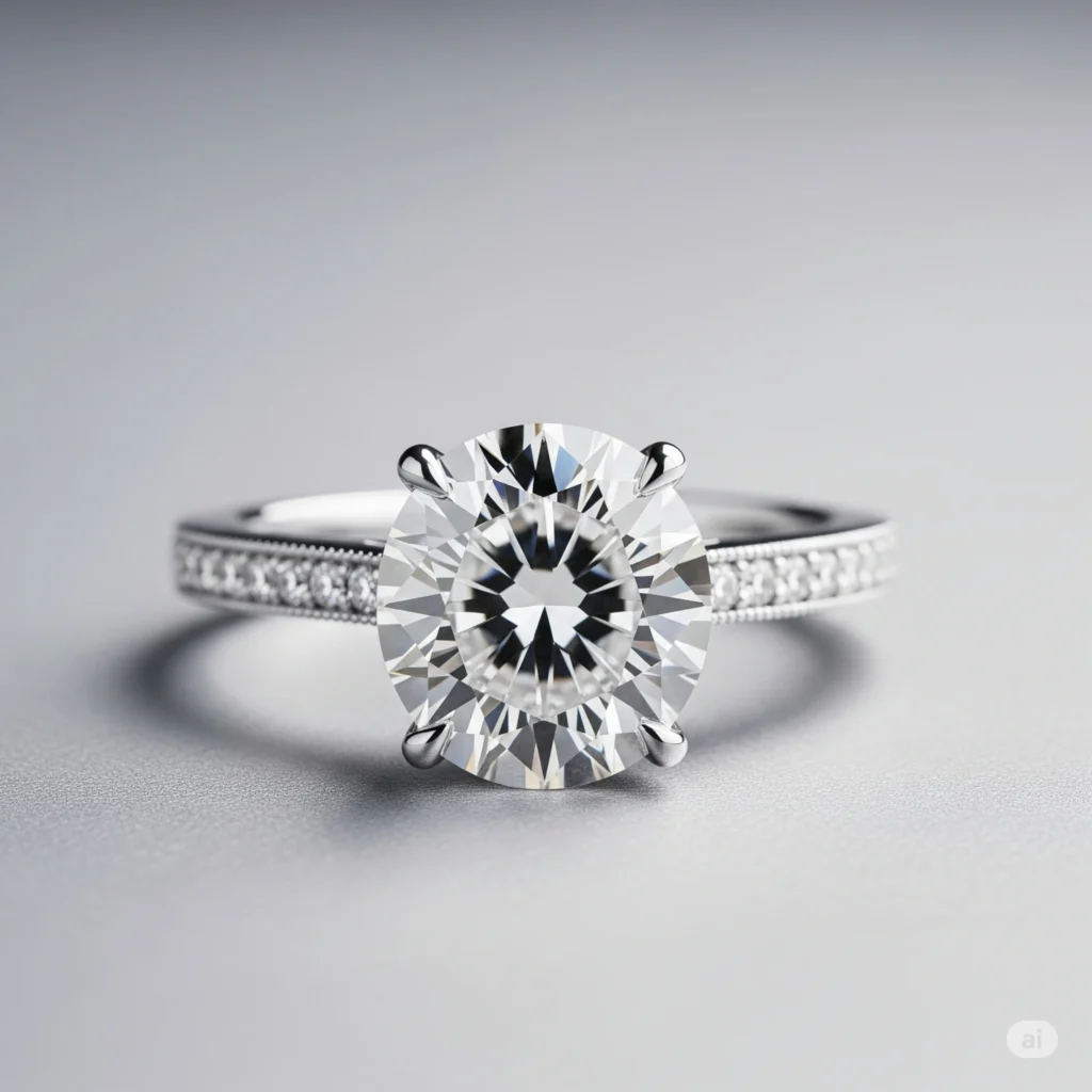 Belle bague de fiançailles en or blanc avec diamant solitaire brillant sur fond gris