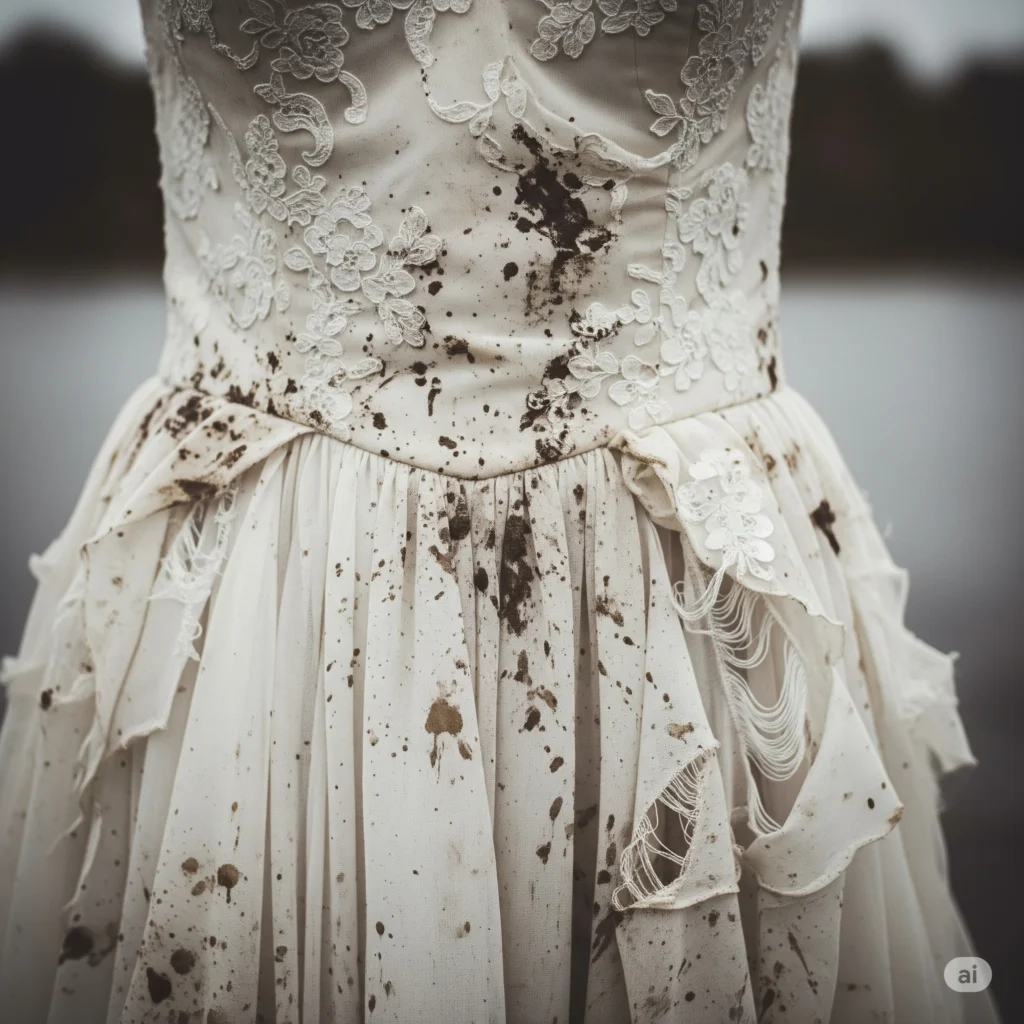 zoom sur une robe de mariée avec de la boue dans le cadre d'une séance trash the dress