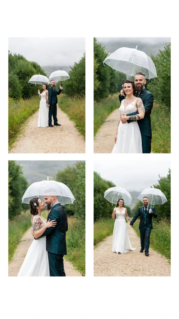 photos de maries sous la pluie et parapluies transparents