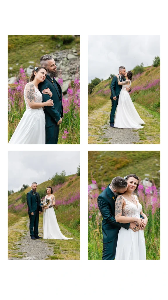 séance couple dans les epilobes violettes à Val Thorens