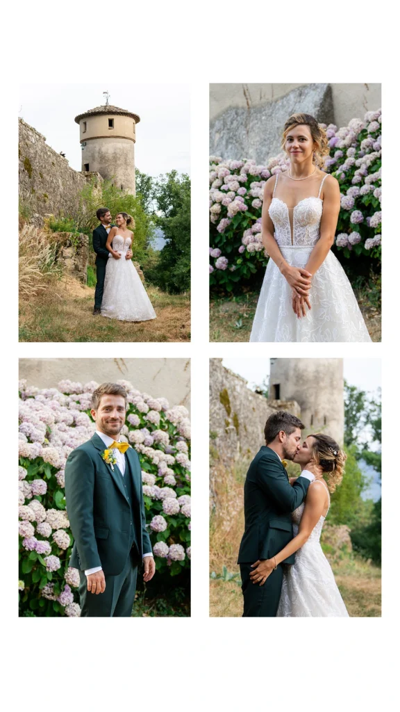 Portrait mariés vieilles pierres Château Lyas, Ardèche, émotion