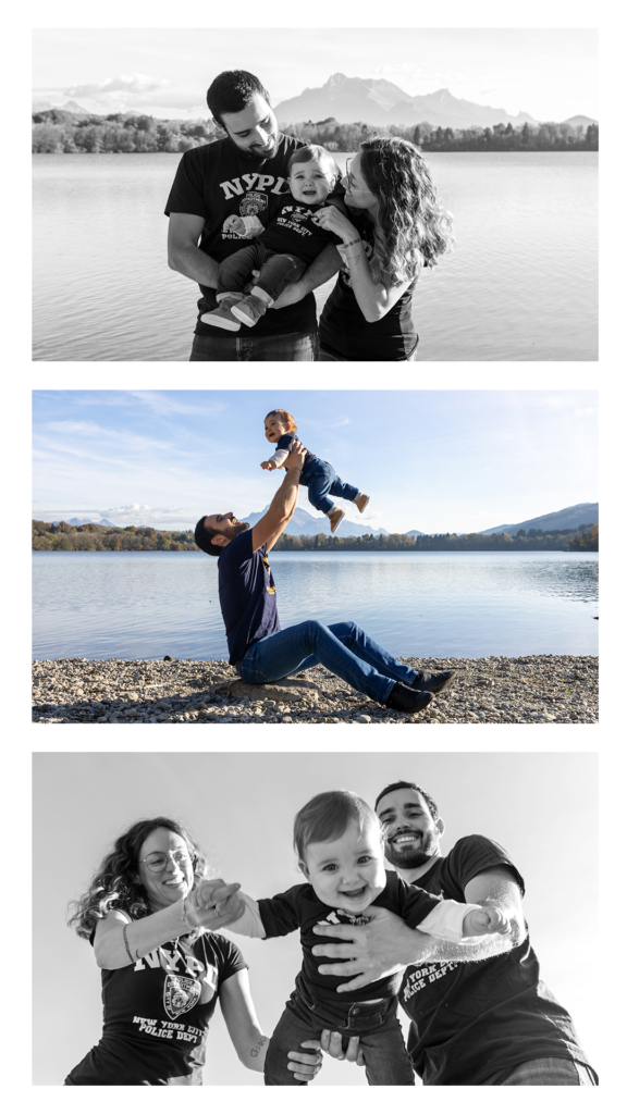 Vue large — famille sur la plage de galets, couleurs d'automne sur les berges et les massifs en fond