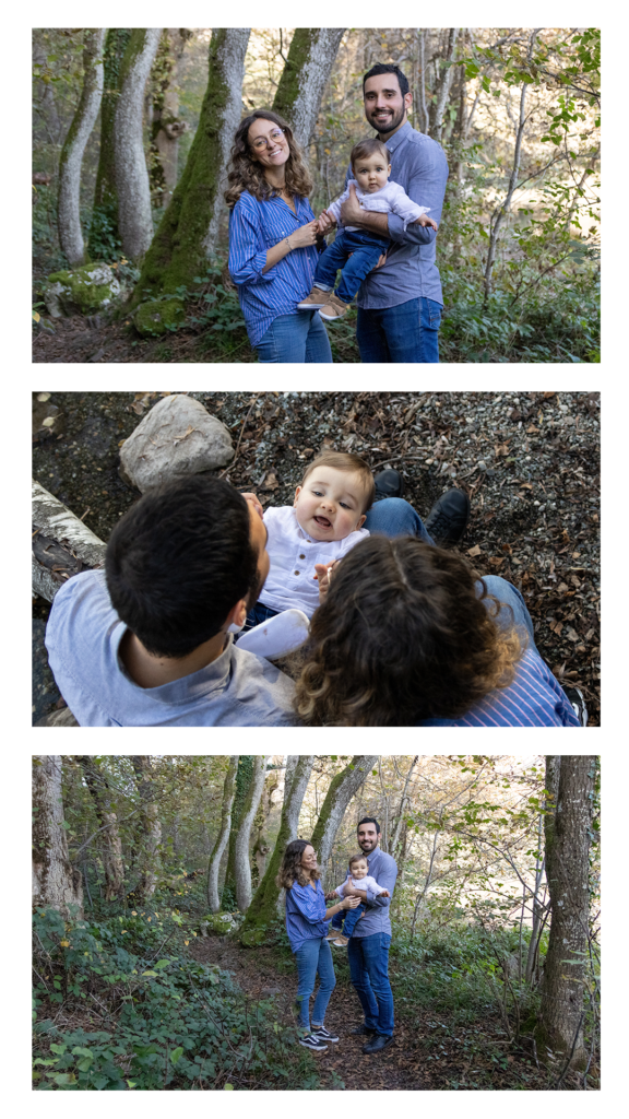 Famille dans la forêt — troncs moussus, lumière filtrée, portrait naturel en sous-bois en Matheysine la Mure