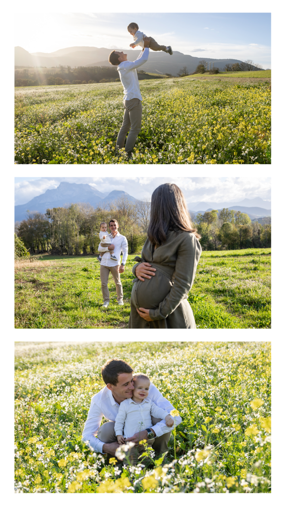 Le papa qui lance son fils dans les airs dans le champ de colza et jonquilles — lumière dorée rasante, montagnes en fond, éclats de rire garantis.