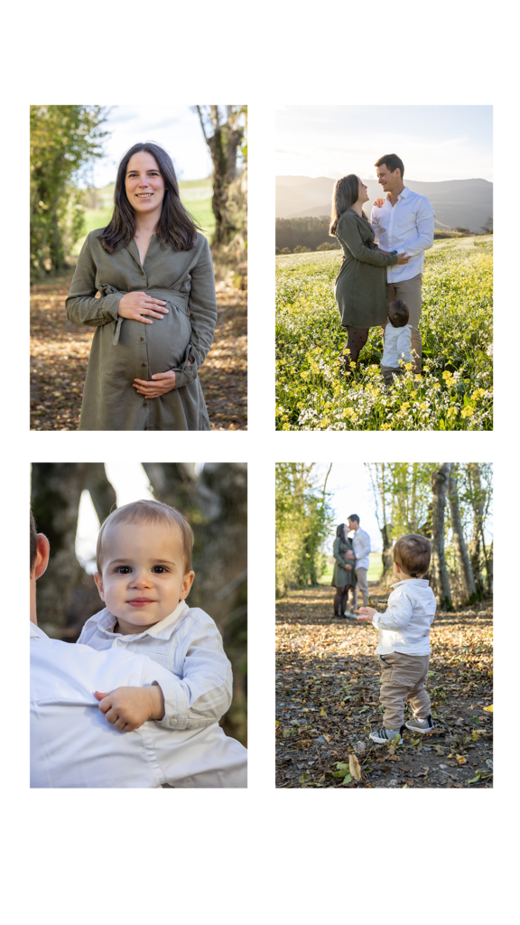 La famille en balade dans les herbes hautes — papa avec le petit sur l'épaule, future maman à côté. Mouvement, légèreté, vie.