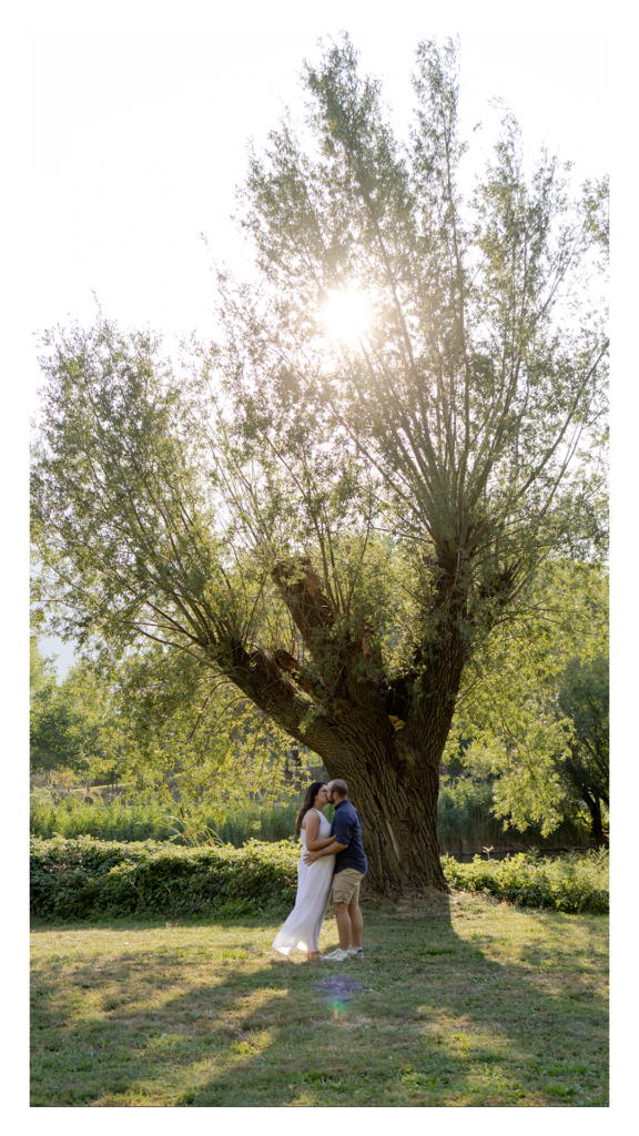Portrait en contre-jour d'une future maman enceinte dans la lumière dorée, Isère