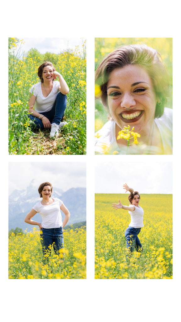 Portrait dynamique femme en mouvement dans les colzas, lumière naturelle Isère