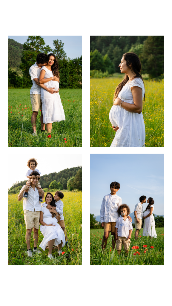 Enfant qui pose la tête sur le ventre de sa maman enceinte dans la nature