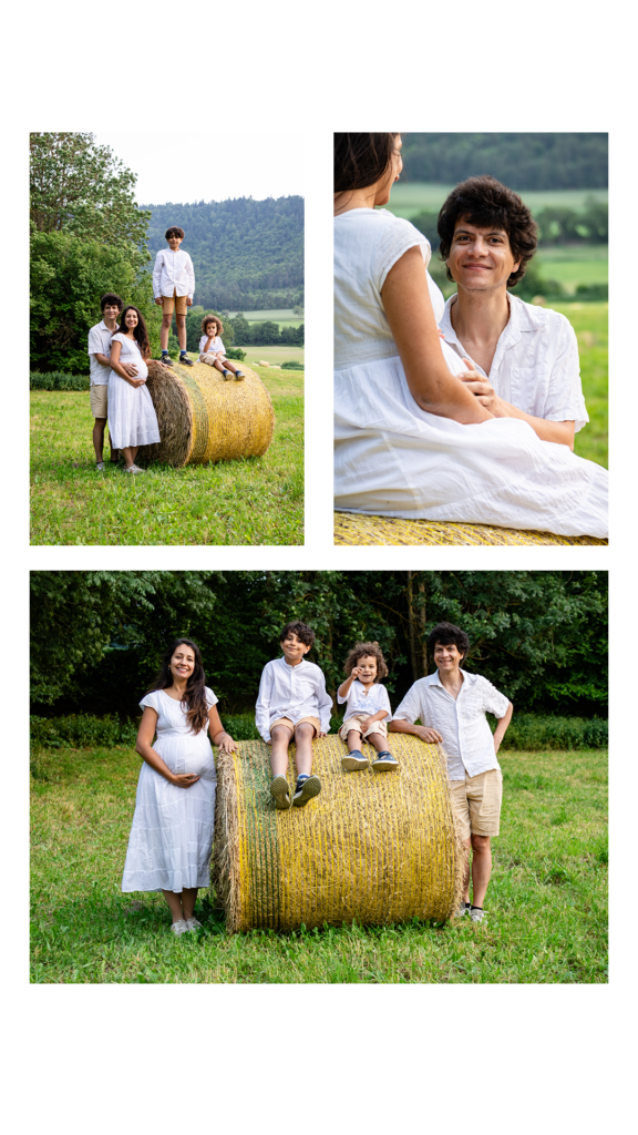 Papa et enfants entourant la future maman dans les coquelicots du Trièves