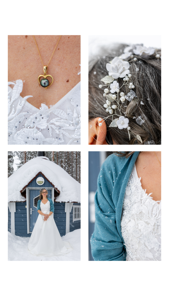 Mariée souriante bras nus sans gants sous la neige en Laponie finlandaise elopement hiver.