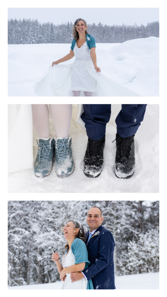 Gros plan bottes de neige marron fourrées sous robe de mariée dentelle sur poudreuse Laponie elopement.