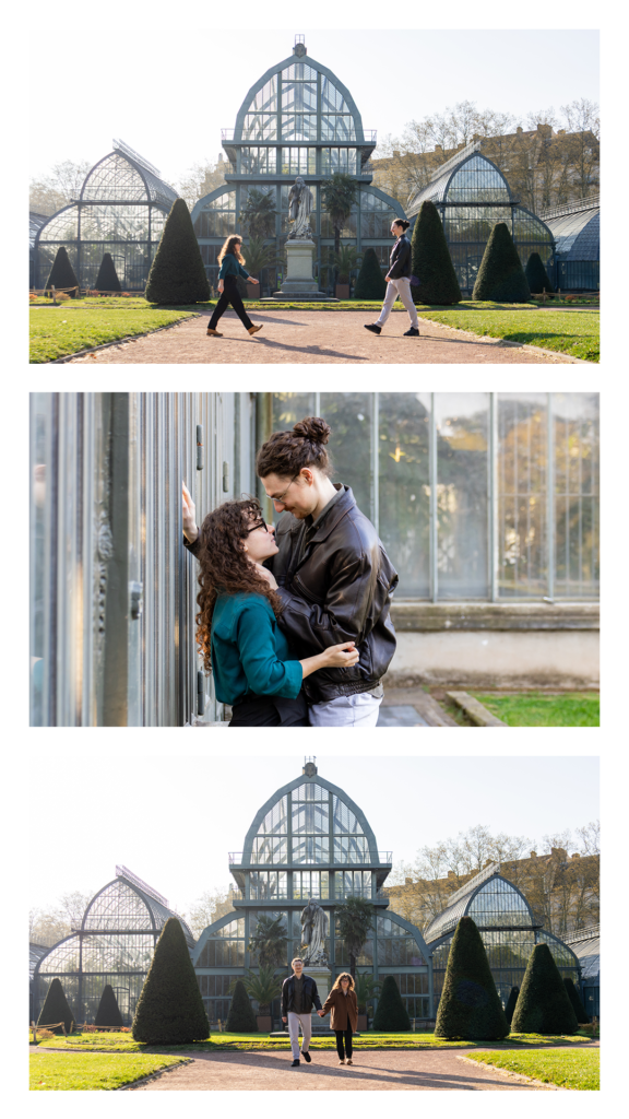 Séance photo couple PACS Lyon devant les grandes serres.
