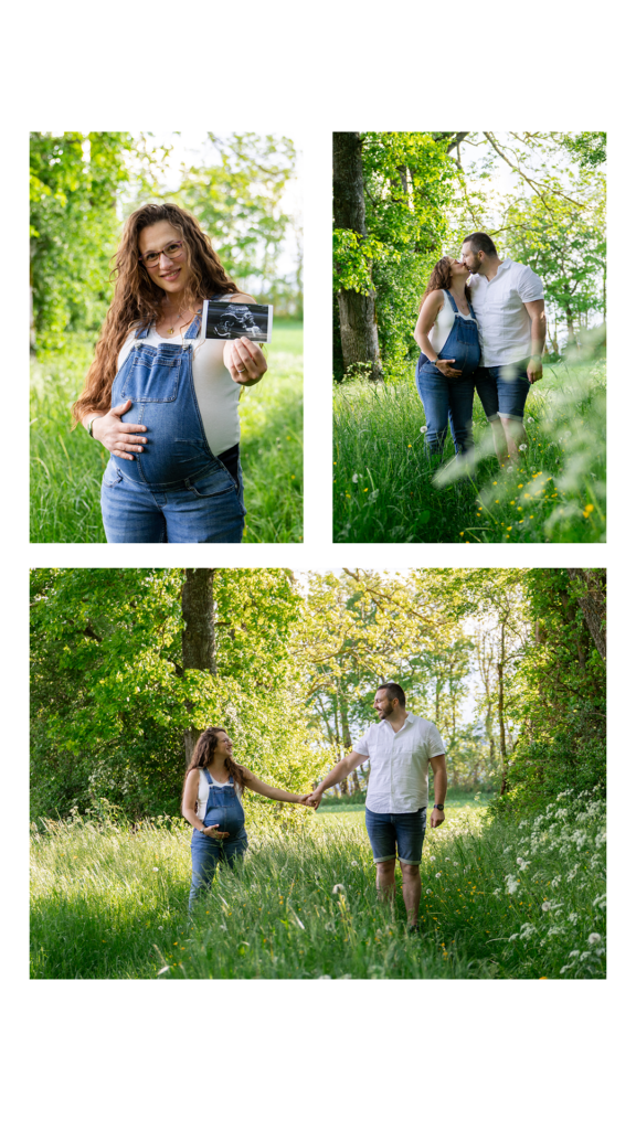 Séance grossesse en couple dans les herbes hautes sous les arbres, Matheysine Isère