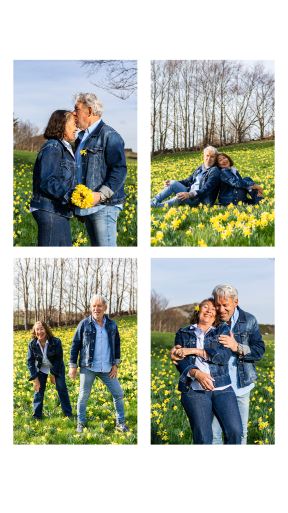Shooting photo de couple champ de fleurs jonquilles
