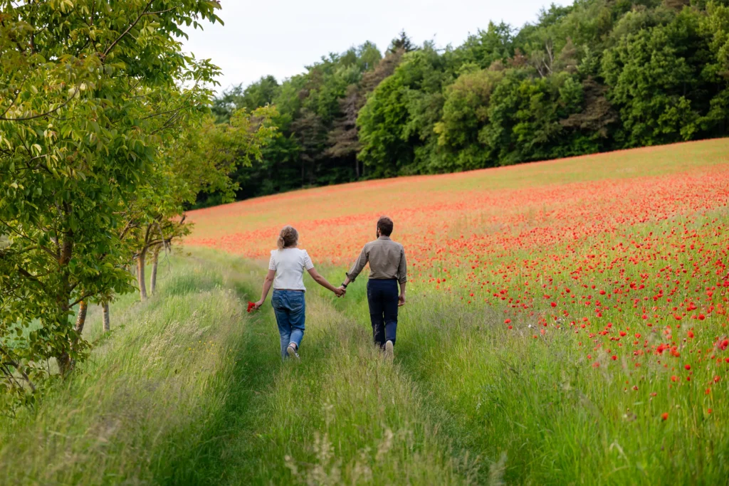 Couple de dos main dans la main sur un chemin dans les coquelicots, Isère