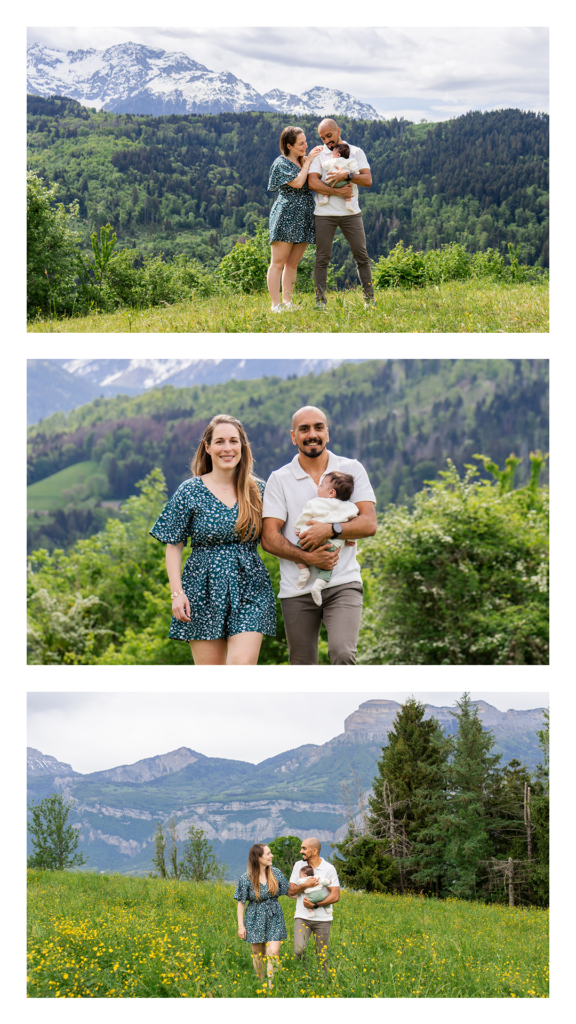 Famille avec nouveau-né dans un alpage face à Belledonne enneigée, Isère printemps