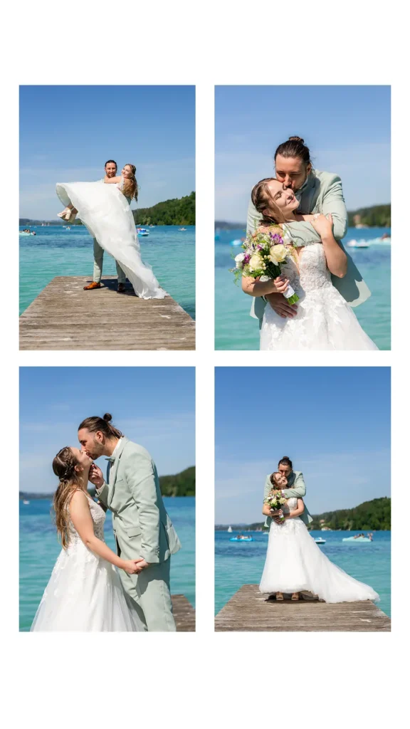 Mariée robe volée sur le ponton, lac de Paladru turquoise, Domaine Chloé du Lac Isère