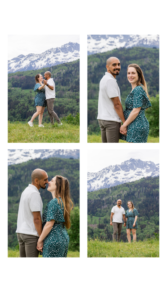 Couple qui danse dans l'alpage à la Tour de Montfallet, Grenoble, montagnes en fond