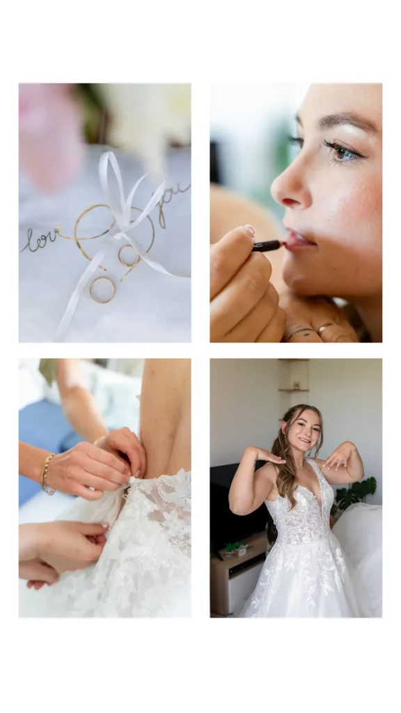 Préparatifs de la mariée — robe et coiffure, mariage au Domaine Chloé du Lac, Charavine Isère
