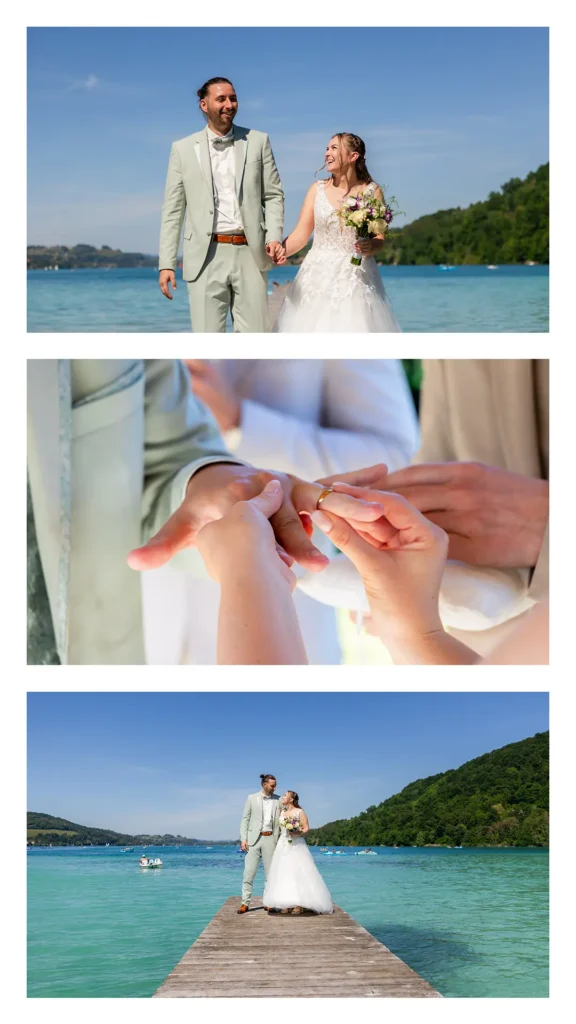 Séance couple mariés sur le ponton de l'Hôtel Beau Rivage, lac de Paladru turquoise, Charavine Isère
