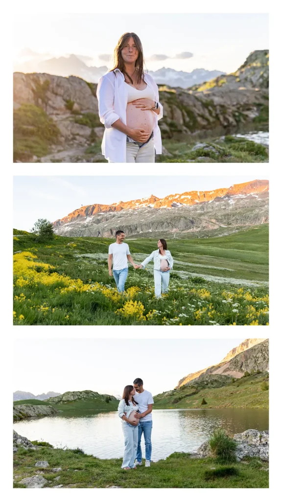 Séance grossesse couple avec sommets orangés des Grandes Rousses au coucher de soleil, Oisans Isère