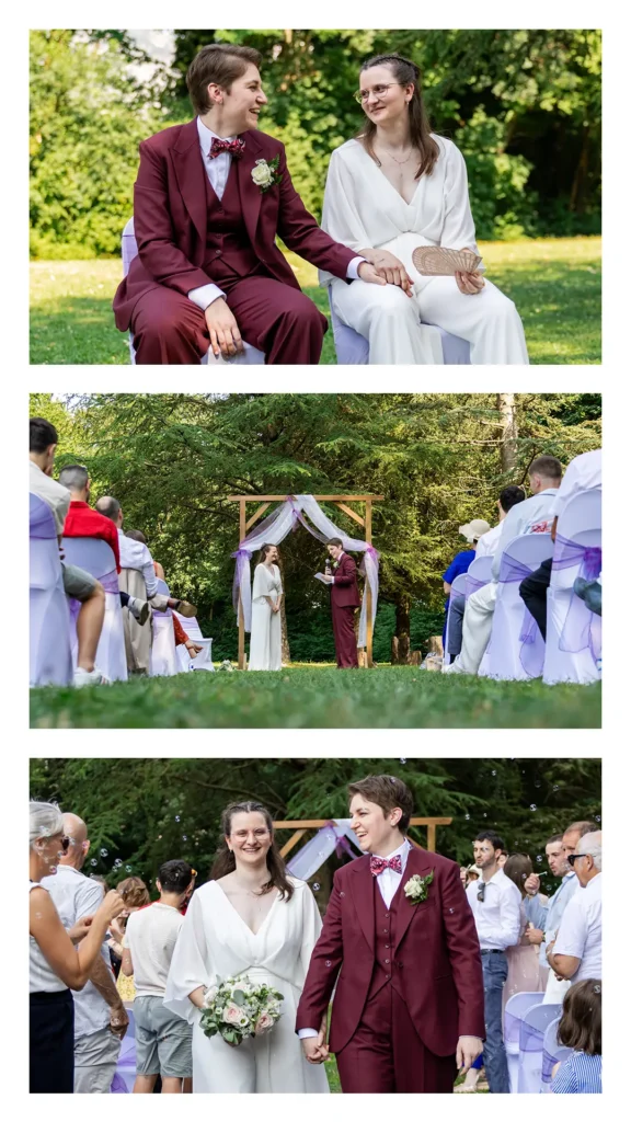 Cérémonie laïque en extérieur au Domaine de Noyarey, arche en bois, jardin, Isère