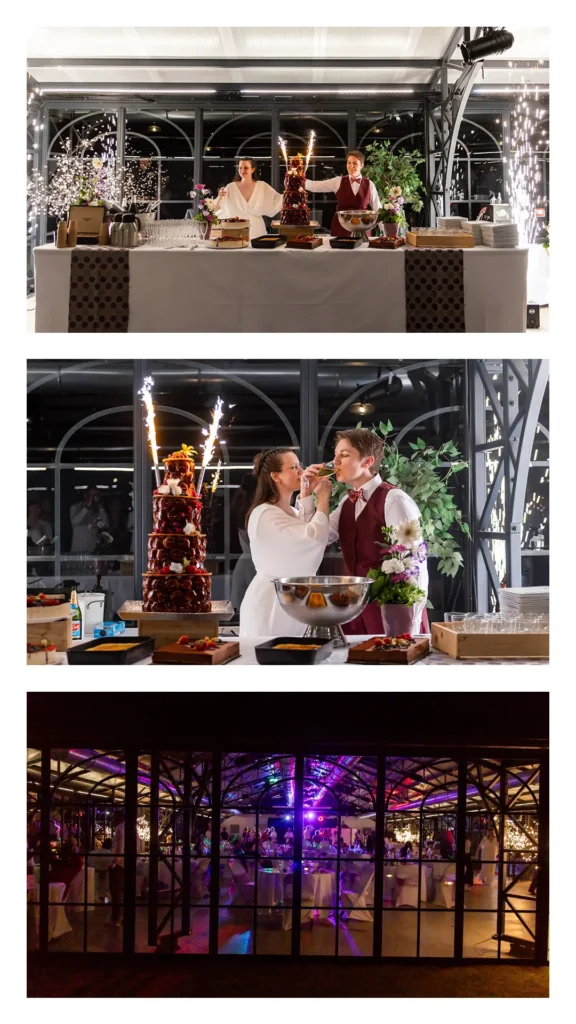Découpe du gâteau de mariage avec cierges magiques dans l'orangerie du Domaine de Noyarey