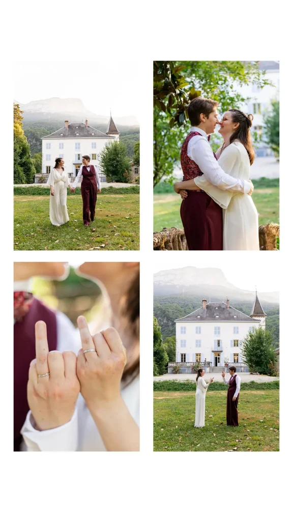Séance couple mariage dans le parc du Domaine de Noyarey, lumière dorée, château en fond