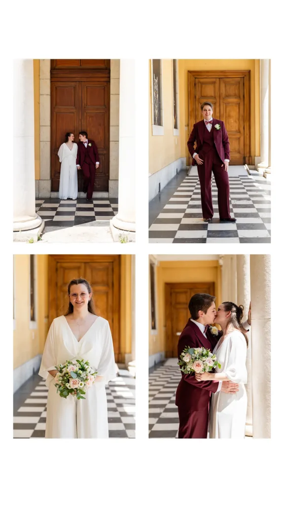 First look mariage sous la colonnade du Jardin Joséphine Baker, Grenoble Isère