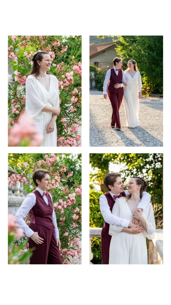 Séance couple mariage dans le parc du Domaine de Noyarey, lumière dorée