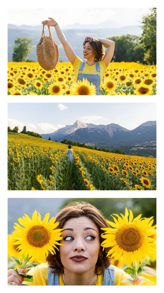 Portrait au naturel au milieu des tournesols, séance photo Isère