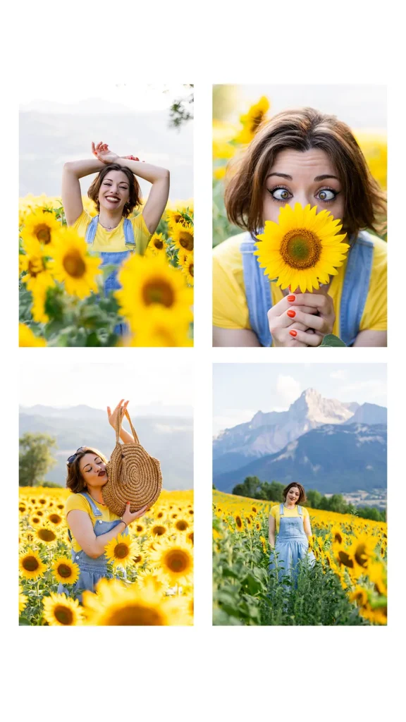 Portrait au naturel au milieu des tournesols, séance photo Isère