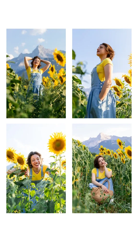Portrait au naturel au milieu des tournesols, séance photo Isère
