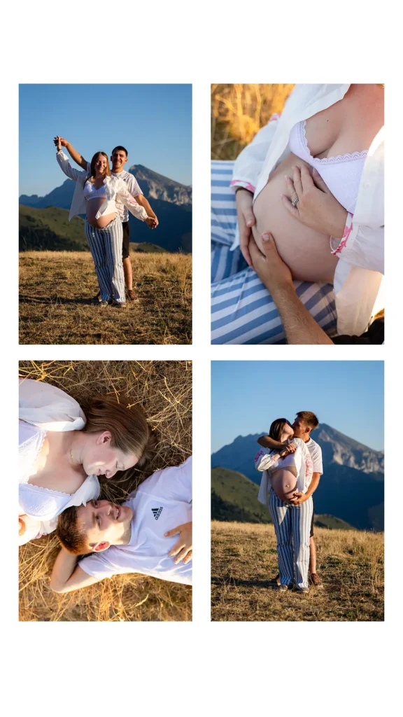 Futur papa enlacant sa femme enceinte par derrière en regardant l'objectif