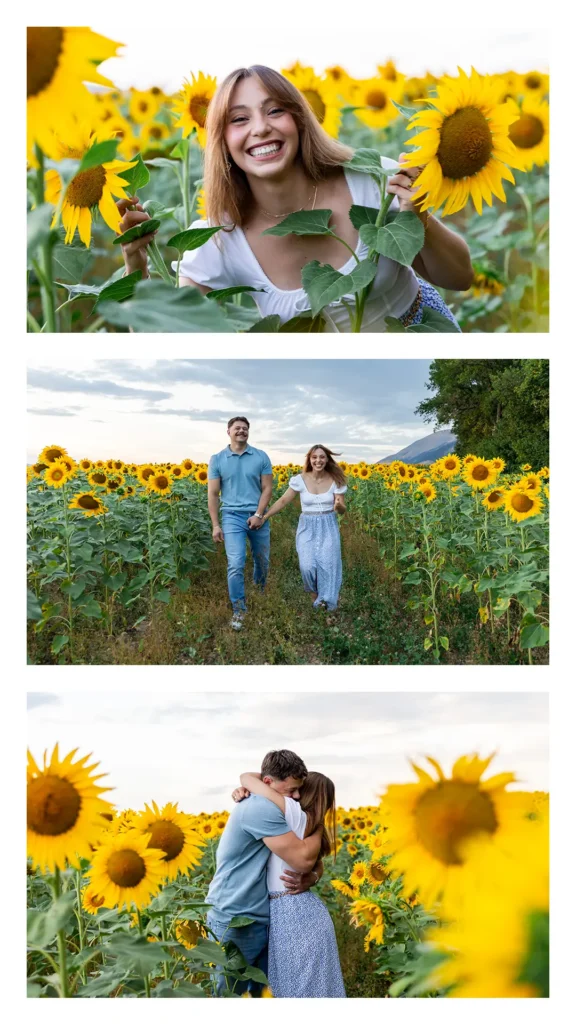 Portrait souriant au milieu d'un champ de tournesols, séance photo couple Isère