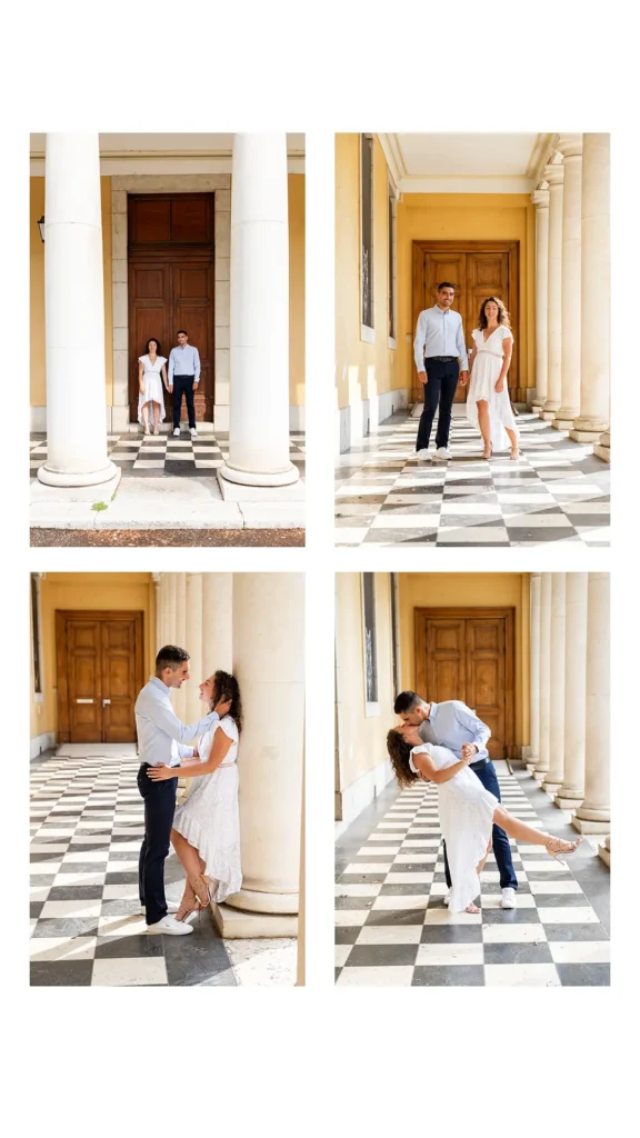 Couple posant devant les colonnades du Jardin des Plantes à Grenoble