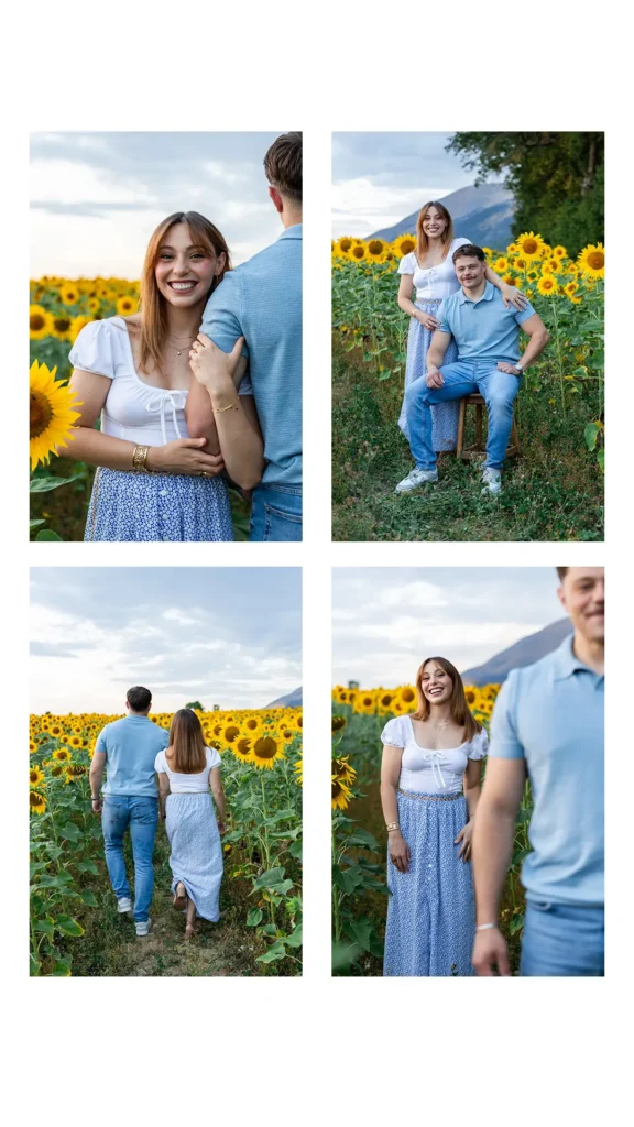 Couple dans un champ de tournesols avec vue sur l'Obiou en arrière-plan
