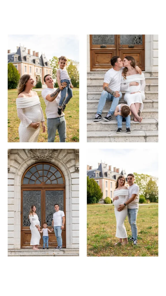 Couple et enfant riant ensemble dans le parc du Mont Vinay