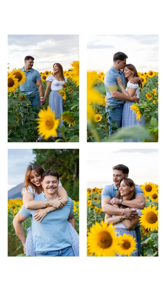 Couple souriant au coucher du soleil dans un champ de tournesols, Isère