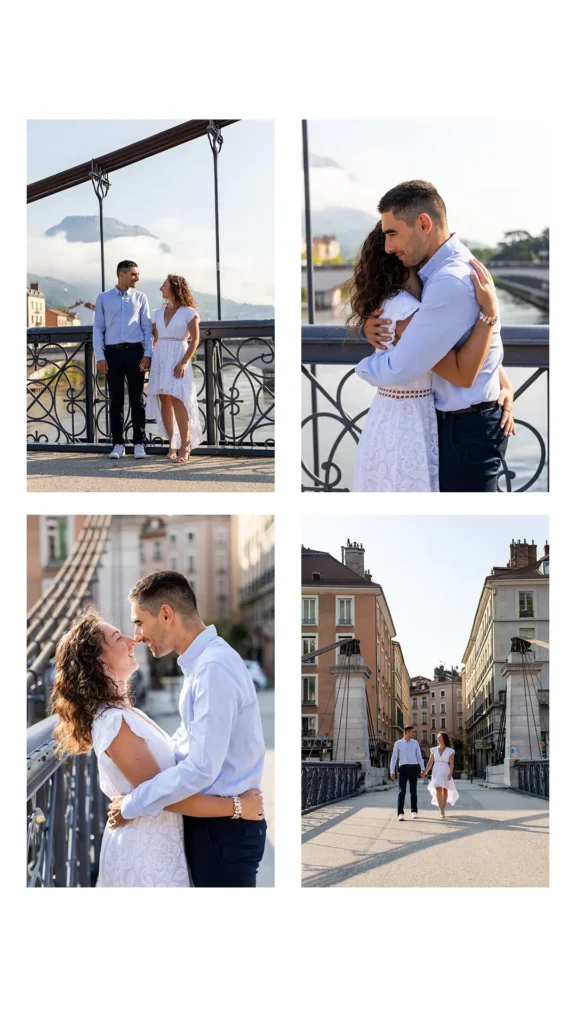 Couple enlacé sur la passerelle piétonne au-dessus de l'Isère à Grenoble