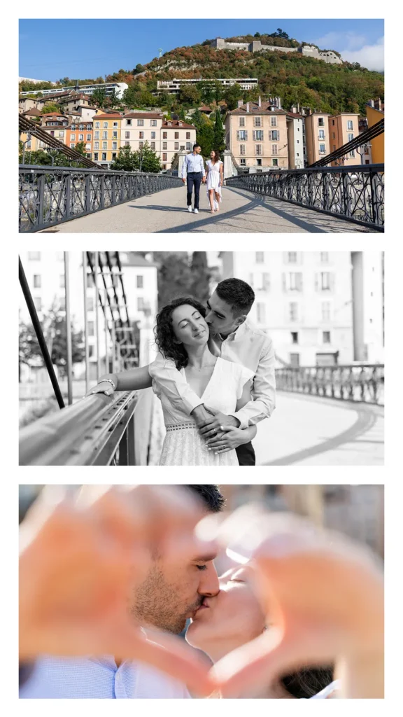Couple lors d'une seance photos pacs à Grenoble passerelle saint Laurent quartier italien