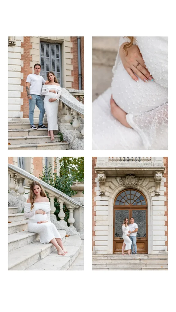 Famille sur le grand escalier en pierre de la demeure du Mont Vinay