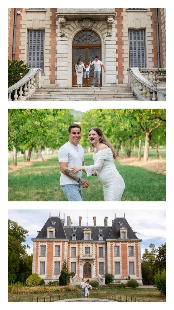 Vue d'ensemble de la demeure du Mont Vinay avec la famille en contrebas