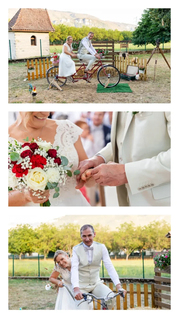 mariés sur un tandem dans le sud grésivaudan lors d'un mariage guinguette